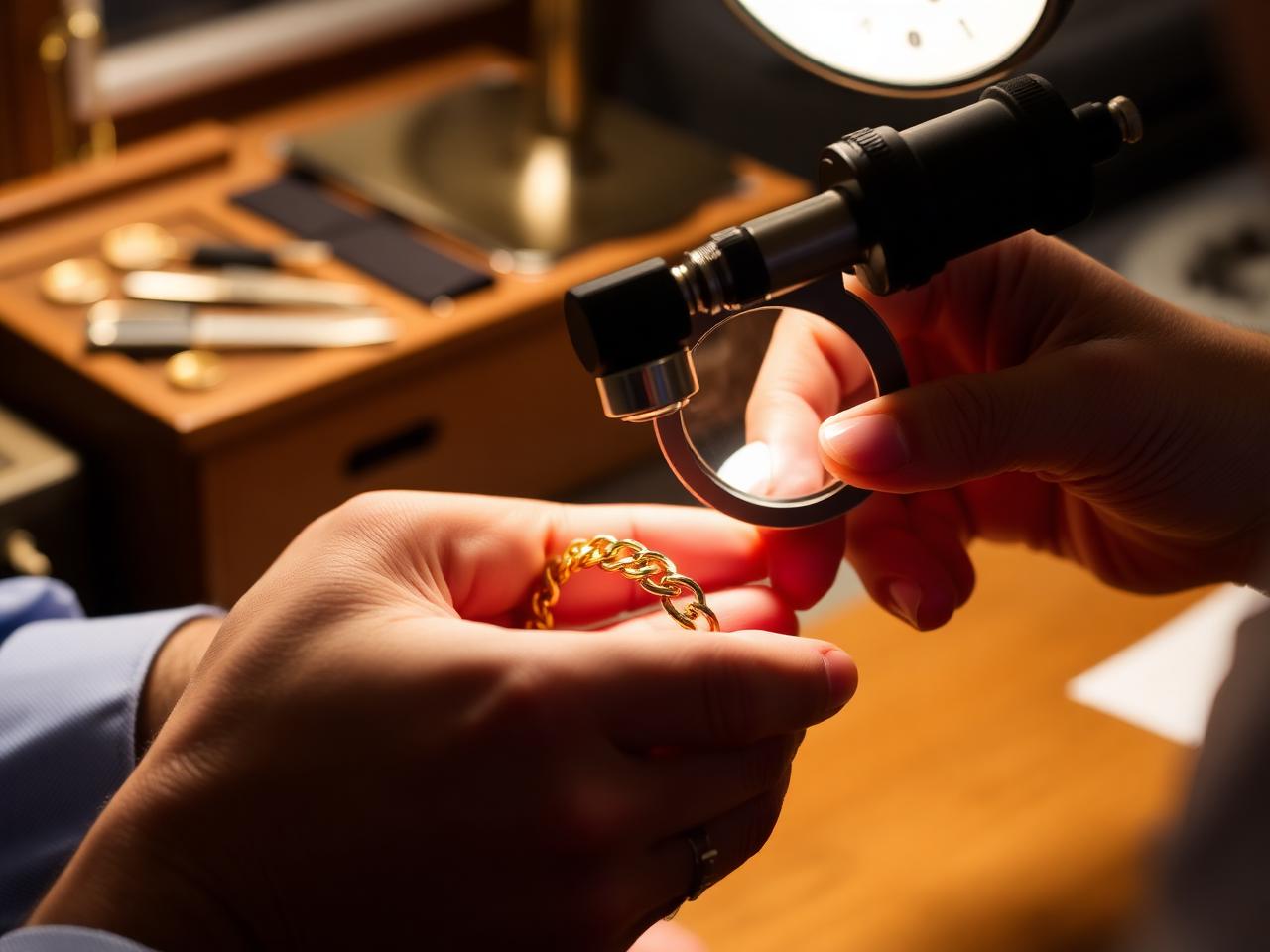 Expert bekijkt keurtekens op een sieraad bij Goud Inkoop Volendam
