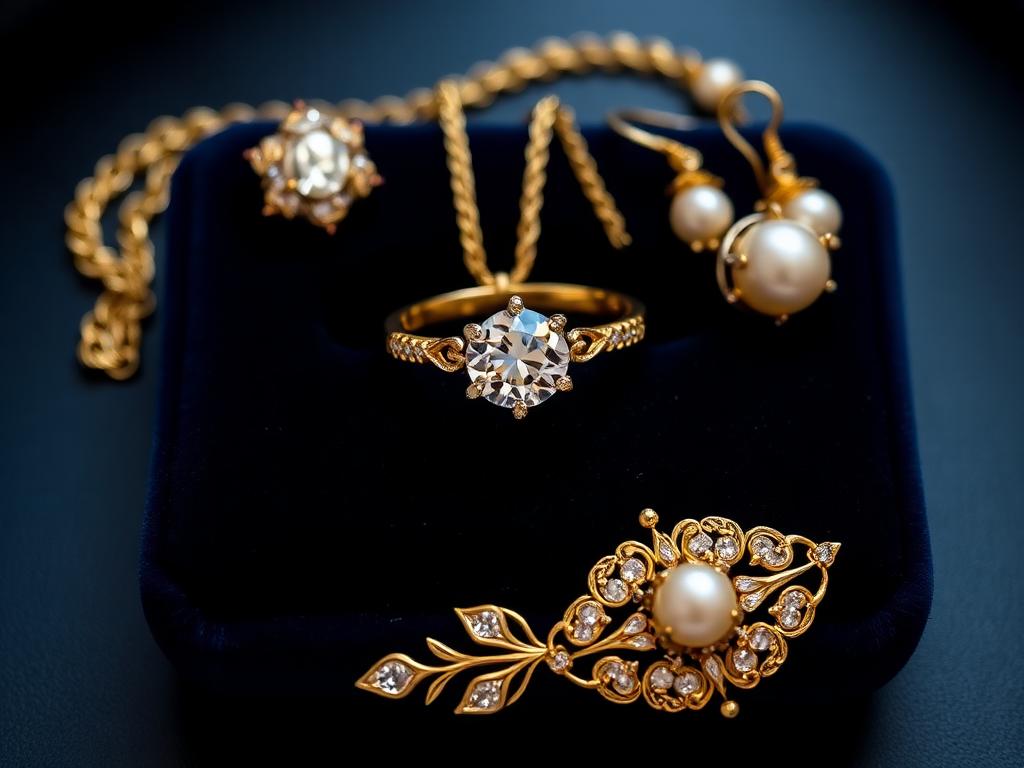 Diamanten ring, gouden broche en parelsieraden op donker fluweel — sieradentaxatie Volendam